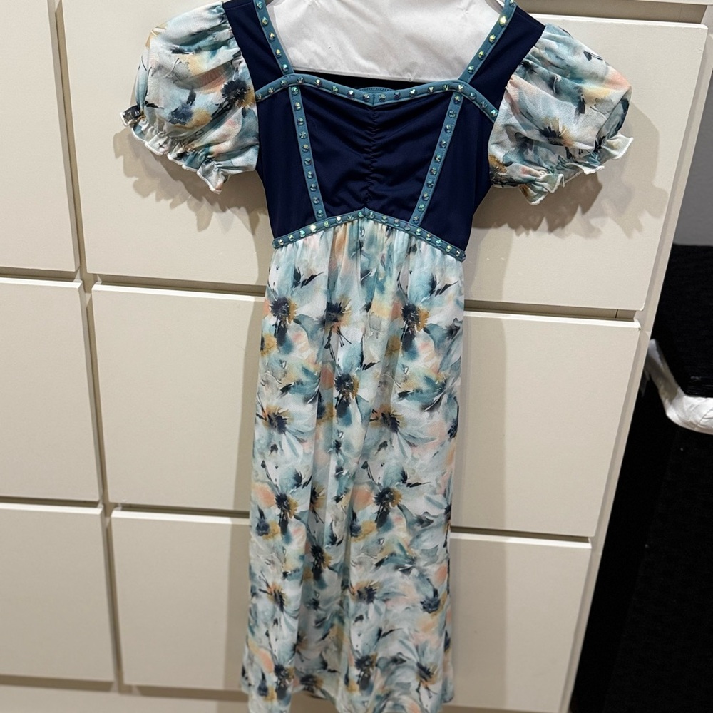 Floral Puff Sleeve Dress with Blue Accents